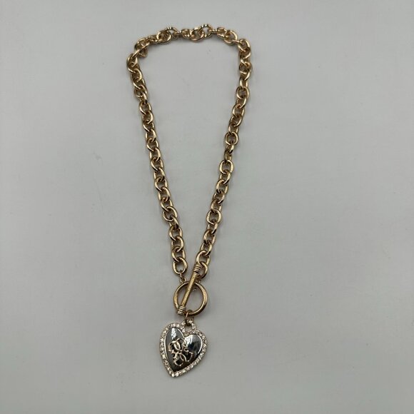Guess Necklace Rose Gold Heart Pendant Rhinestone Logo Toggle Chain Y2K 20" - Picture 6 of 9